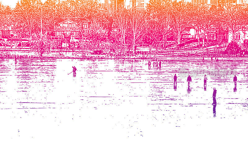 Group of people Ice skating on a frozen lake